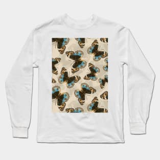 Blue Pansy Butterfly pattern on off white Long Sleeve T-Shirt